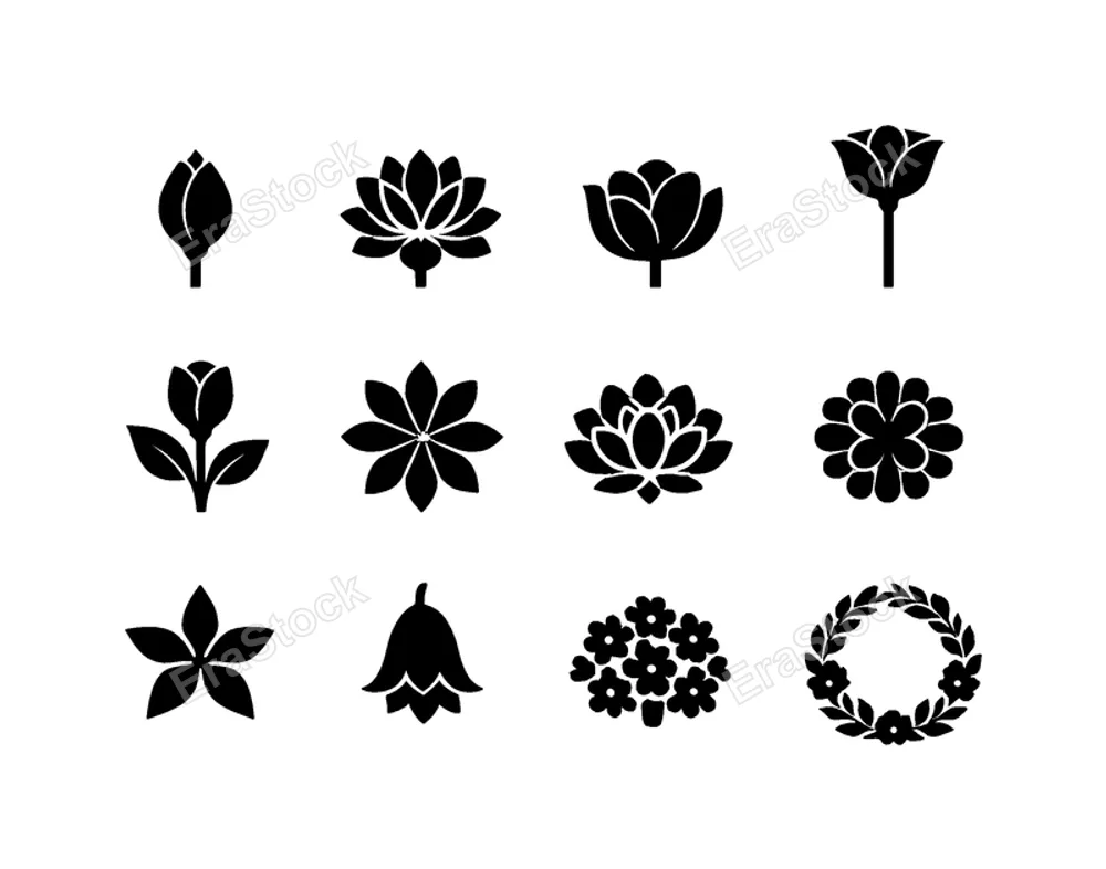 Botanical floral silhouettes: flower bud, blooming flower, half open blossom, flower with long stem, flower with leaves, symmetrical petal flower, layered petal blossom, circular