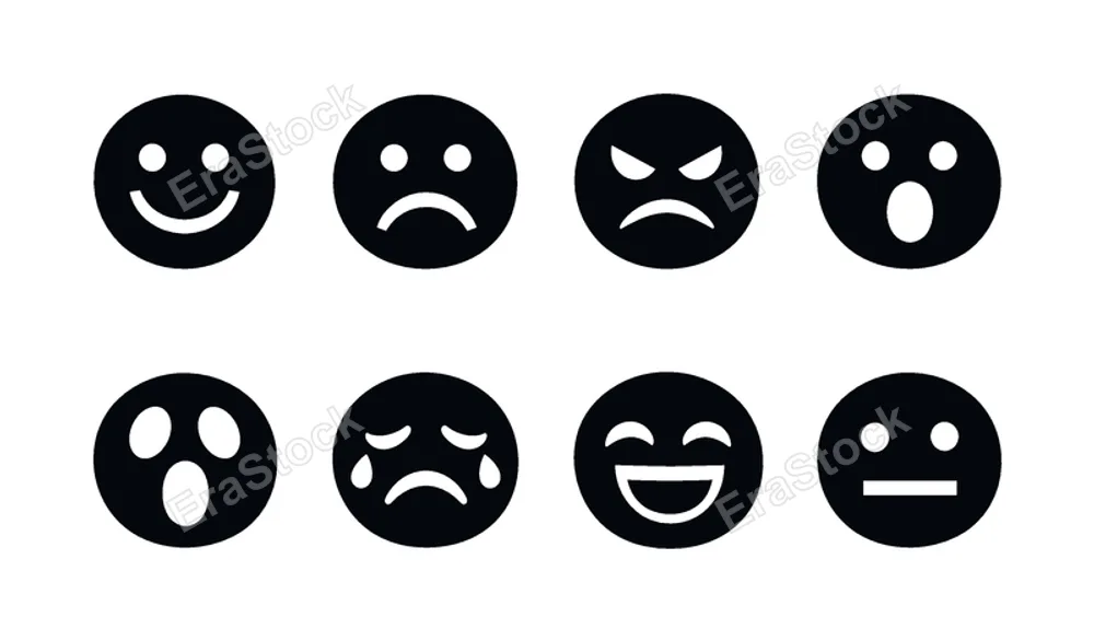 Basic emotions: happy face, sad face, angry face, surprised face, scared face, crying face, laughing face, neutral face.