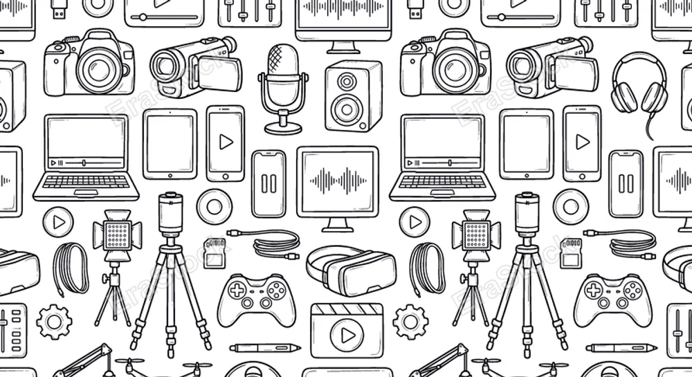 Digital media production and entertainment technology concept focused on content creation, recording, and multimedia devices used in modern creative industries. Objects of camera,