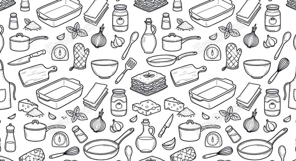 Lasagna cooking theme with homemade Italian comfort food feel, doodle objects including lasagna slice, baking dish, pasta sheets, tomato sauce, cheese blocks, grated cheese, basil