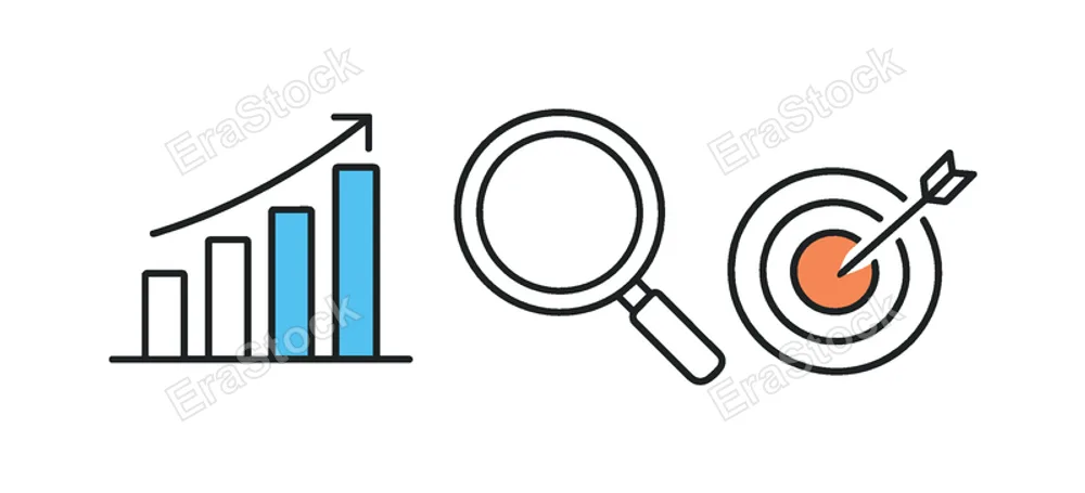 Strategic business decision making and performance evaluation in a modern corporate workflow, a simple dashboard style bar chart placed beside a magnifying glass and a small target