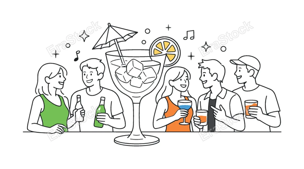 A modern hospitality and nightlife scene where people enjoy drinks while socializing in a relaxed environment, illustrated through a visual metaphor of a cocktail glass, small