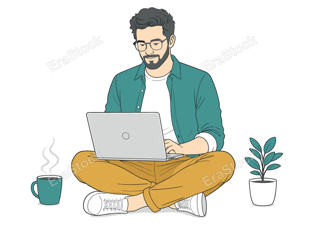 A man with glasses and a beard works on his laptop while sitting comfortably on the floor, with a steaming mug of coffee and a potted plant nearby