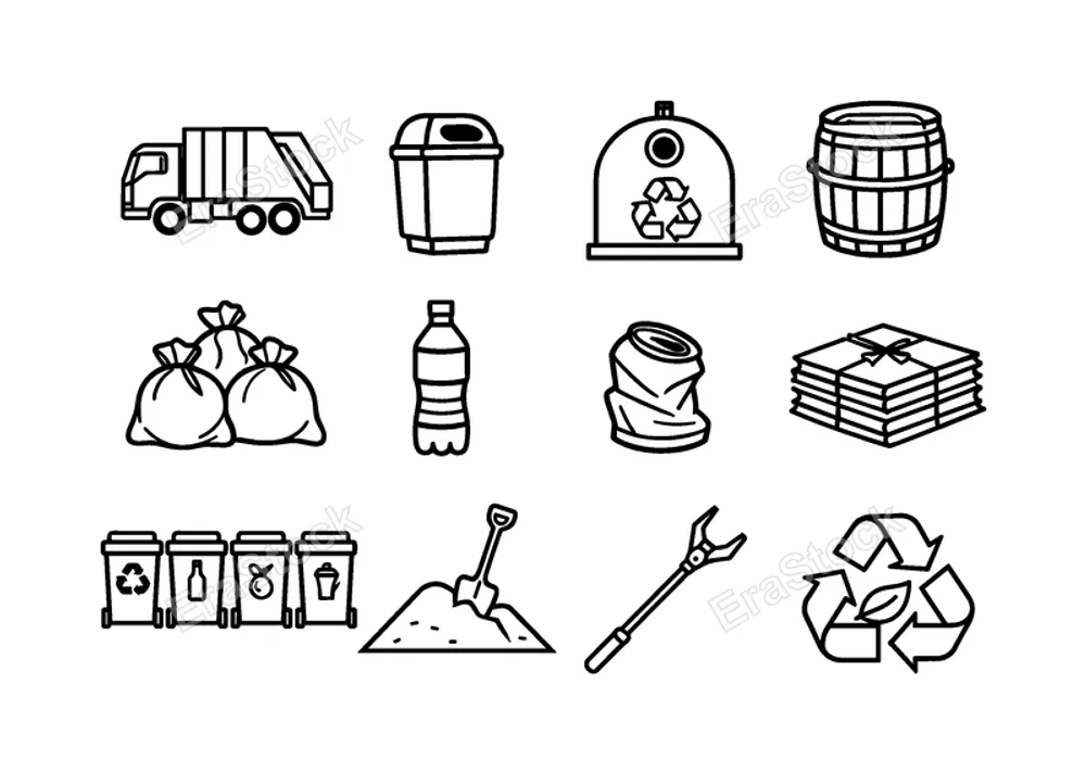 Urban waste collection: garbage truck, street trash bin, recycling container, compost bin barrel, trash bag pile, plastic bottle, crushed aluminum can, paper stack bundle, waste