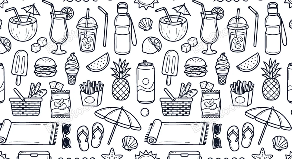 Summer beach snacks and refreshing drinks concept focused on relaxing seaside moments, casual vacation food, and sunny leisure lifestyle. Objects of coconut drink, cocktail glass,