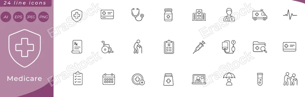Medicare: medical cross shield, health insurance card, stethoscope, pill bottle, hospital building, doctor silhouette, ambulance side view, heartbeat line, prescription notepad, wheelchair symbol