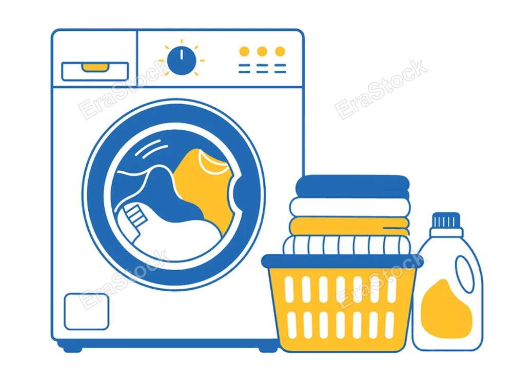 A stylized illustration depicts a front-loading washing machine, a yellow laundry basket filled with folded clothes, and a bottle of detergent