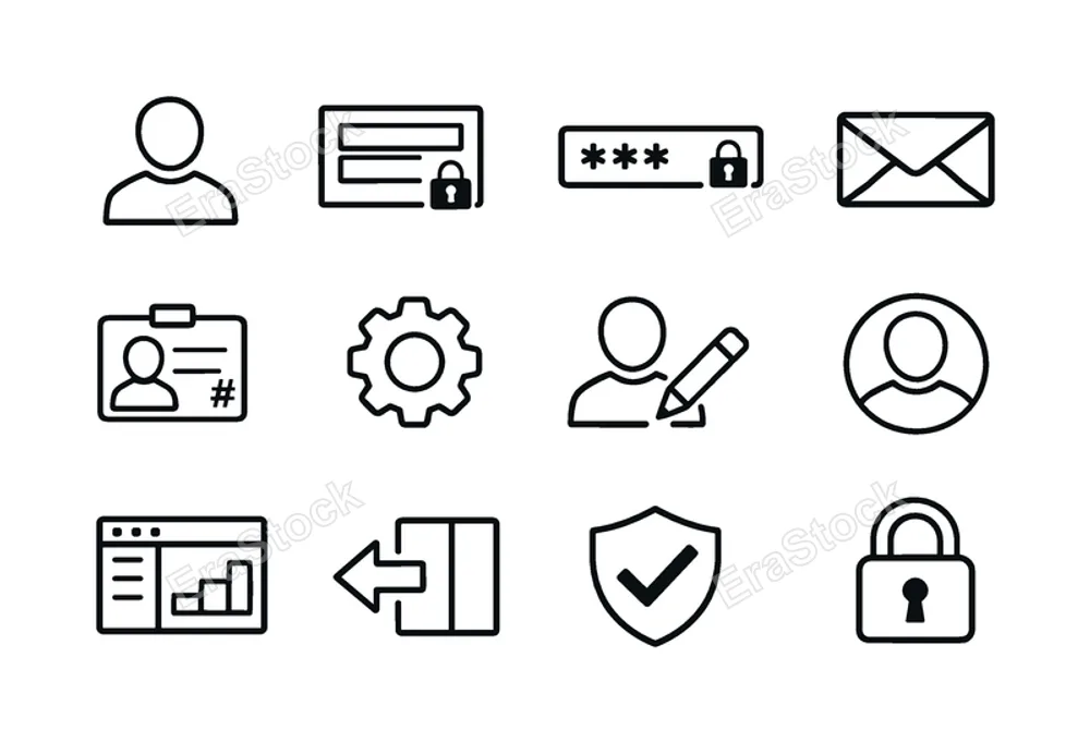 User account management: user profile, login form, password field, email address, username id, profile settings, edit profile pencil, profile picture, account dashboard,