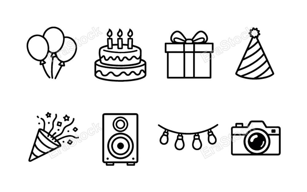Party organization items: balloons, birthday cake, gift box, party hat, confetti popper, speaker, string lights, photo camera.
