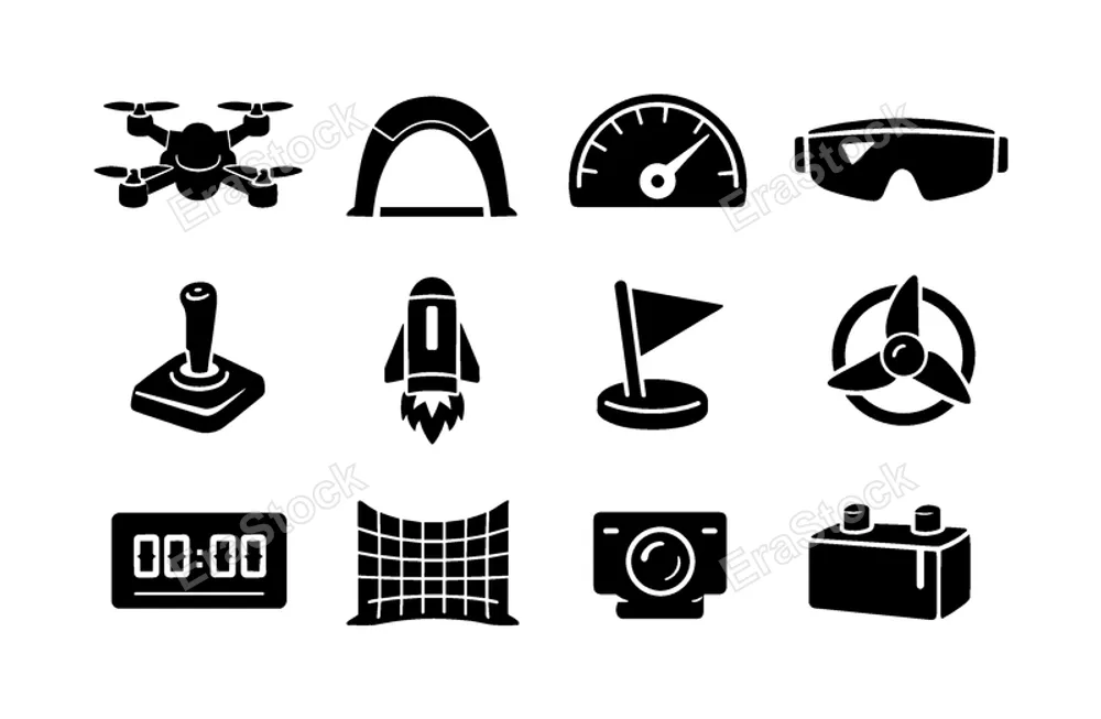 Futuristic drone racing: quadcopter, racing gate, speedometer, pilot goggles, control joystick, energy booster, holographic flag, turbo propeller, lap timer, safety net, drone