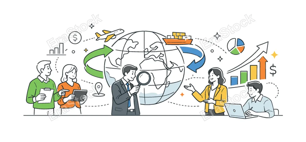 A worldwide economic development concept where professionals review international trade connections and financial flows across continents, expressed through a clear visual metaphor