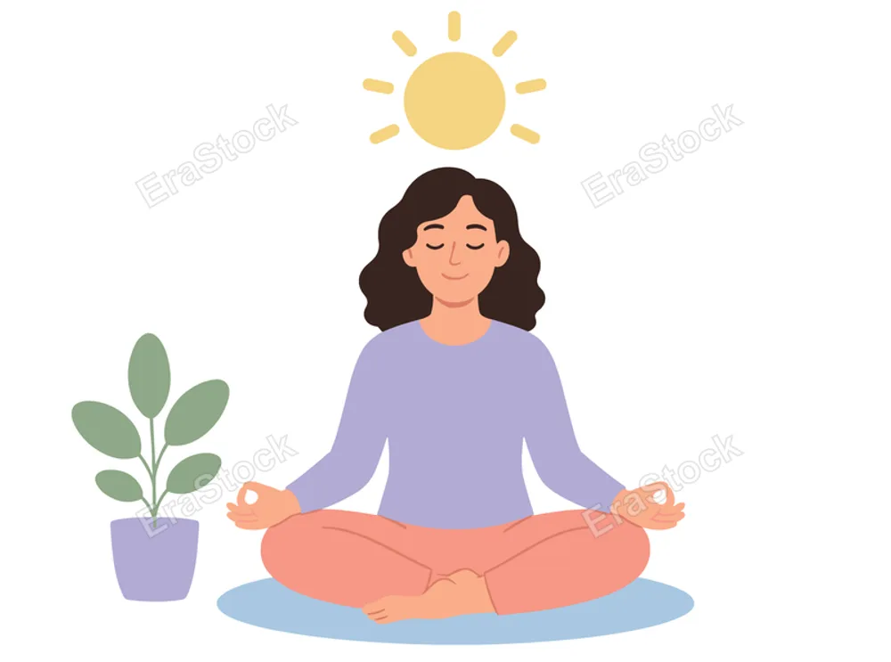 A serene woman sits in a lotus position, eyes closed, with a gentle smile, symbolizing mindfulness and tranquility in a bright, sunlit environment