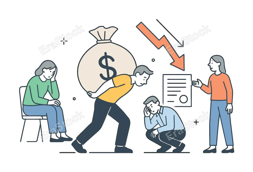 Financial stress and debt management in a personal or business context where individuals struggle to handle repayments and obligations, represented by a clear visual