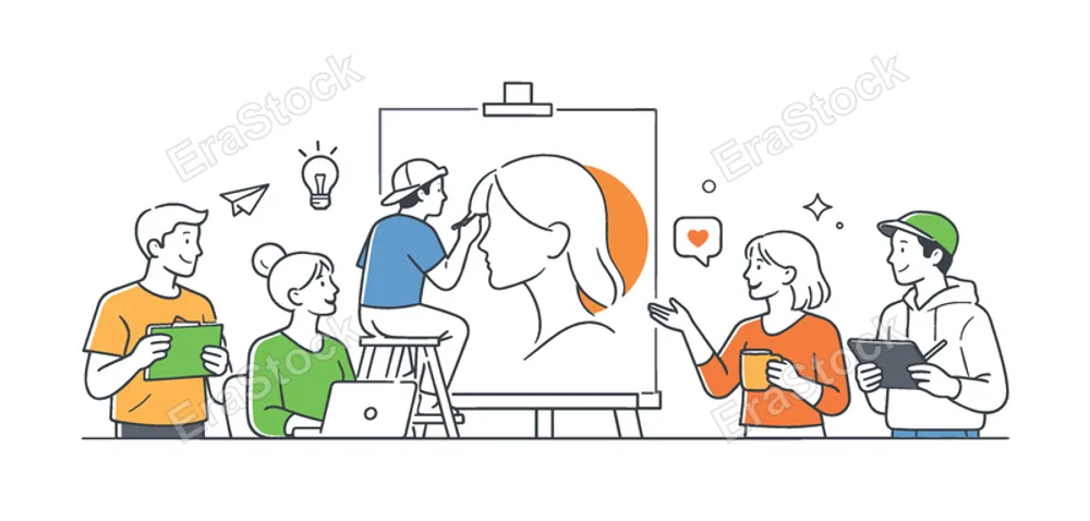 A creative design scenario where artists develop a minimal female portrait graphic for