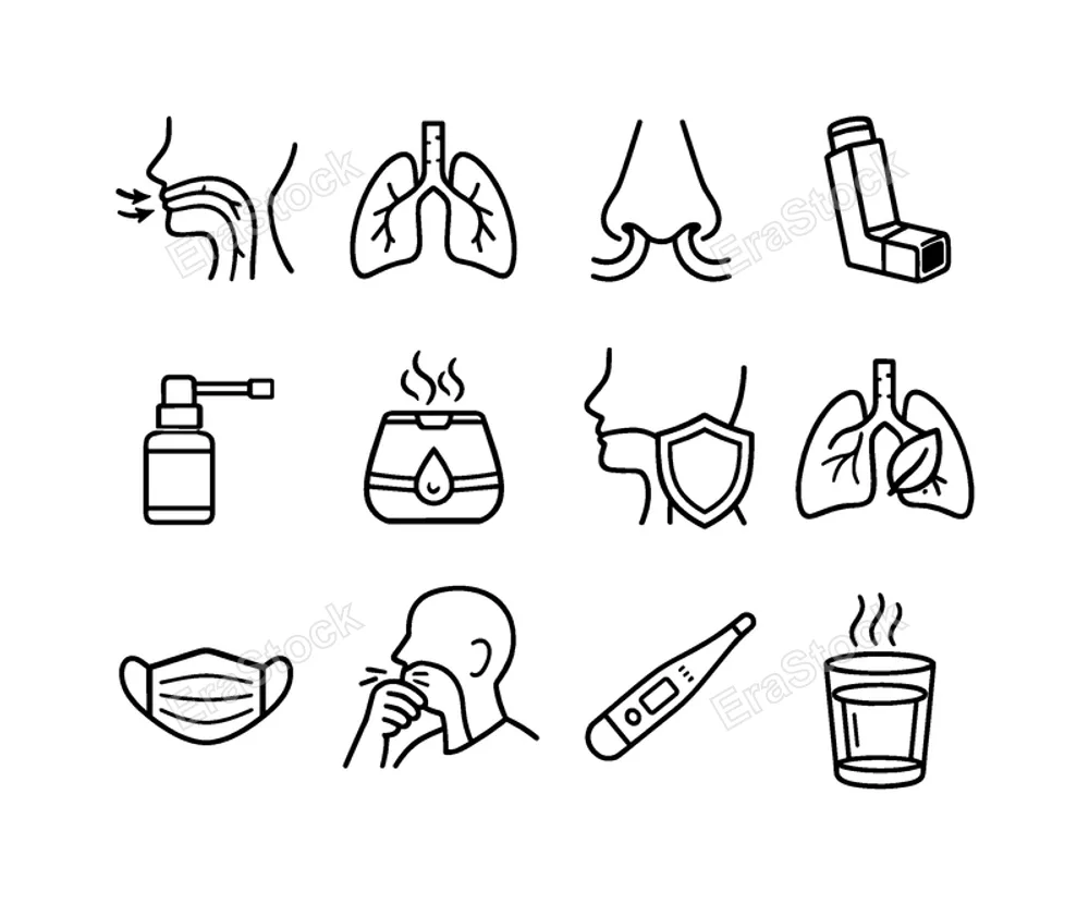 Throat respiratory health: throat with airflow arrows, lungs organ, nose with breathing lines, inhaler device, medicine throat spray, humidifier vapor device, throat with shield