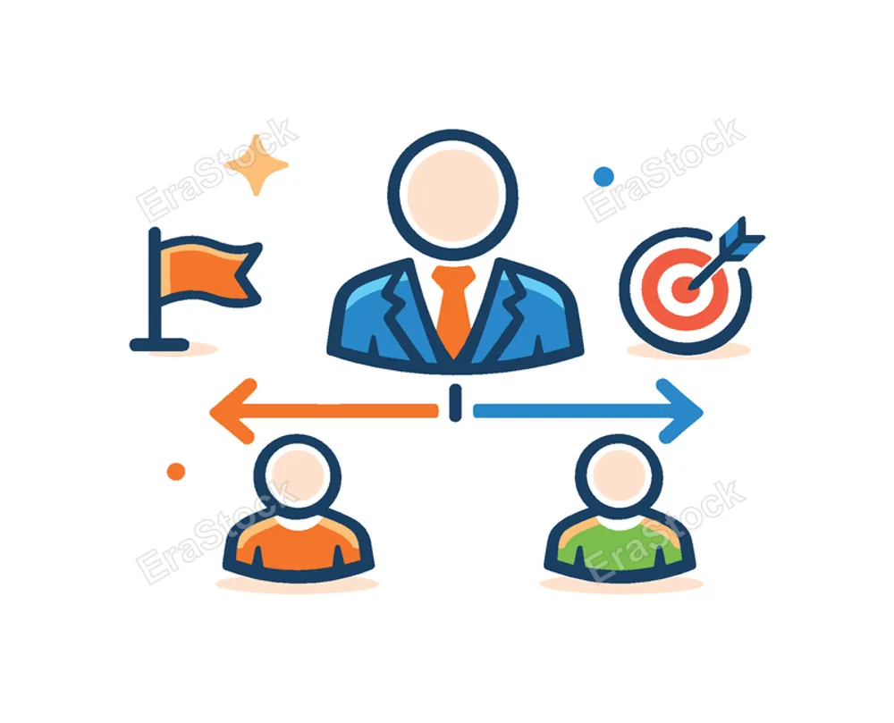 Leadership concept focused on guiding teams and making strategic decisions in a professional environment, a central user icon connected to two smaller user icons