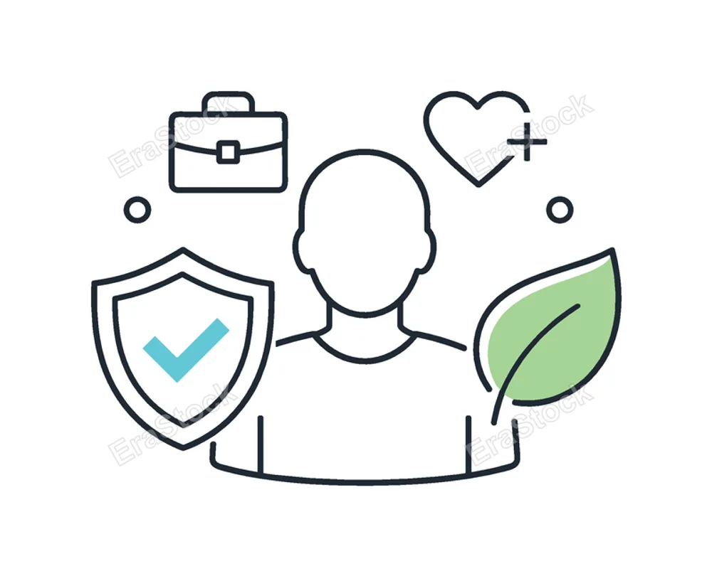Work-life balance and employee support programs in corporate environments, a human figure combined with a simple shield and leaf element symbolizing protection and