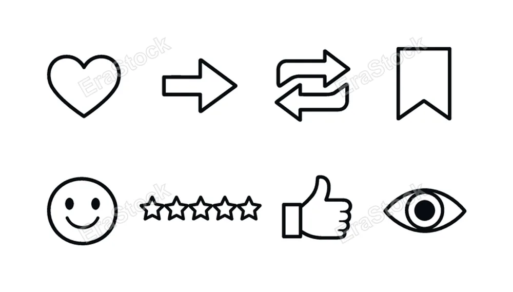 Social media engagement: heart like, share arrow, repost arrows, bookmark flag, emoji smile, star rating, thumbs up, eye view symbol.