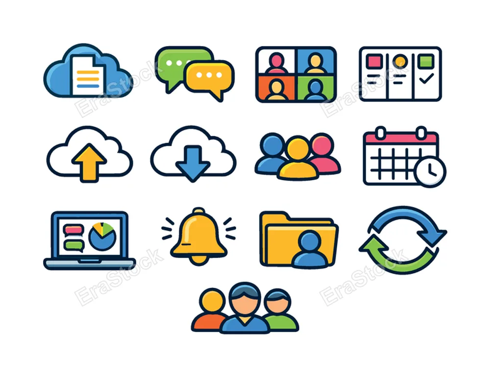 Cloud collaboration tools: shared cloud document, team chat bubbles, video meeting screen, task board columns, cloud file upload arrow, cloud file download arrow, group user