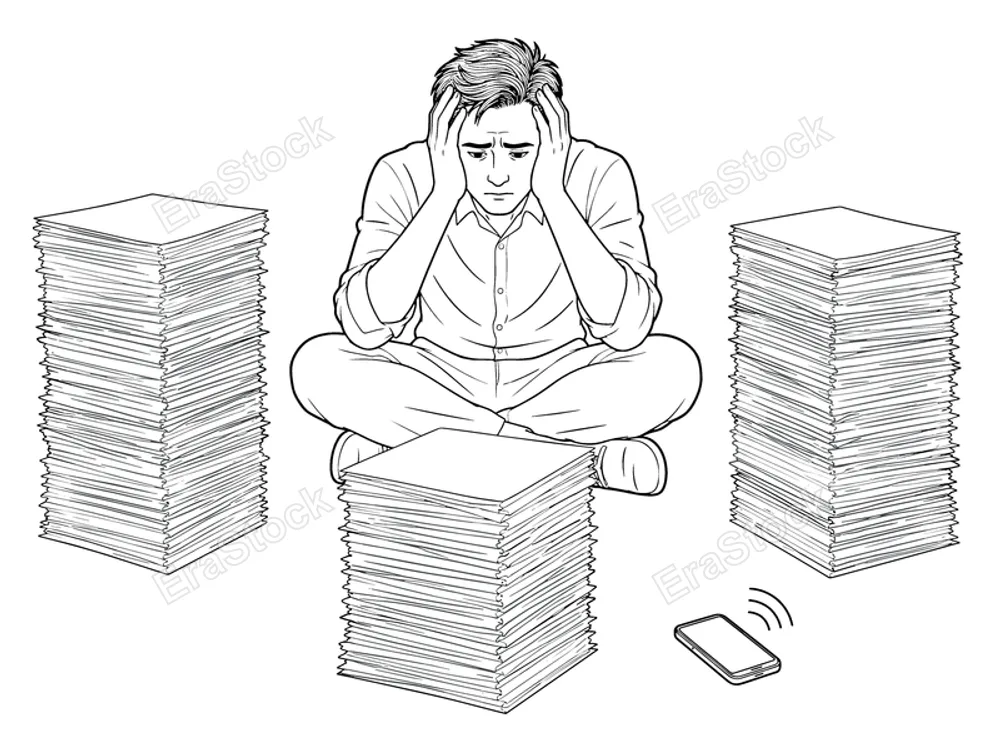A man sits cross-legged amidst towering piles of documents, his head in his hands, while a mobile phone emits a notification sound
