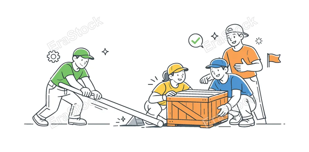 Manual labor teamwork concept illustrating individuals coordinating physical tasks and supporting each other to complete a shared objective efficiently, using a tool and