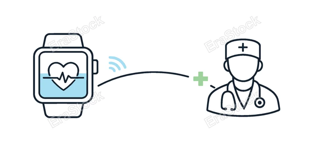 Continuous remote monitoring and preventive care in a connected health ecosystem supporting wellbeing, a smartwatch displaying a subtle heartbeat wave linked to a minimal doctor