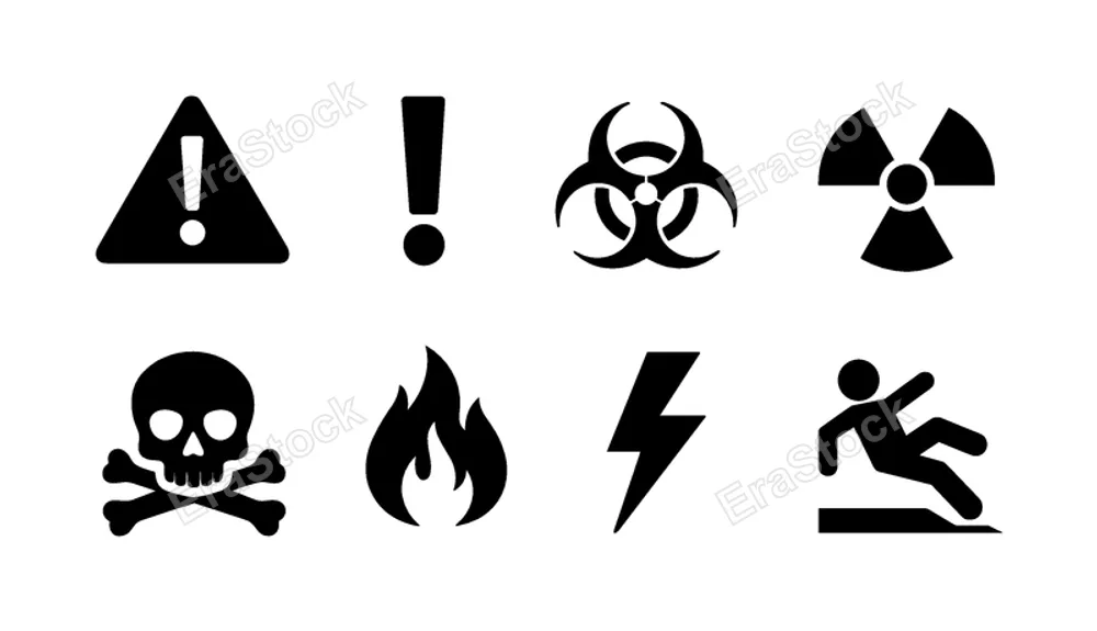 Hazard warnings: warning triangle, exclamation mark, biohazard symbol, radiation sign, toxic skull, flammable flame, electric shock bolt, slippery floor sign.