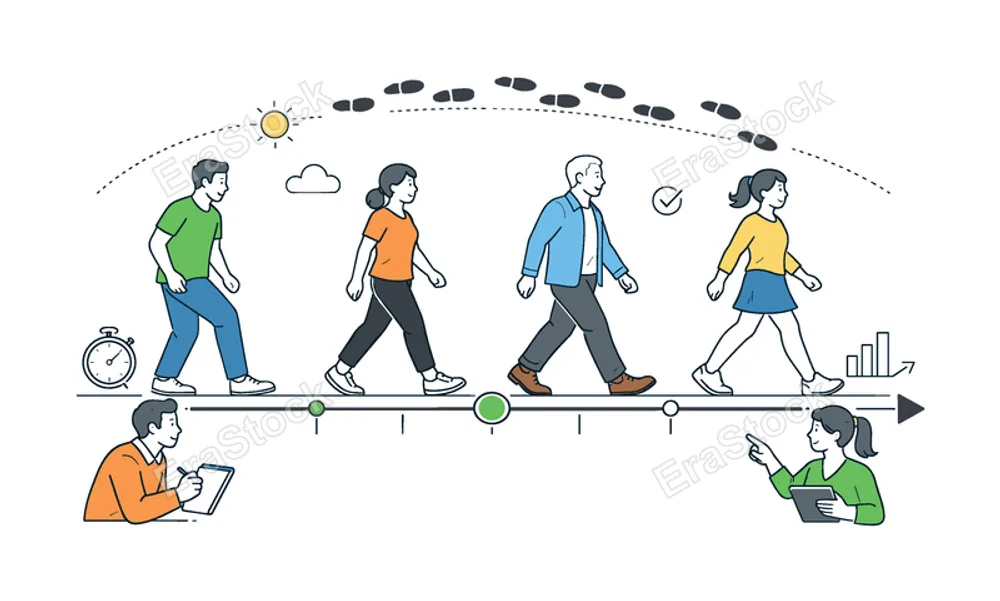 Walking sequence daily activity scene featuring individuals demonstrating stages of walking in a coordinated visual flow within a shared environment, using footsteps and