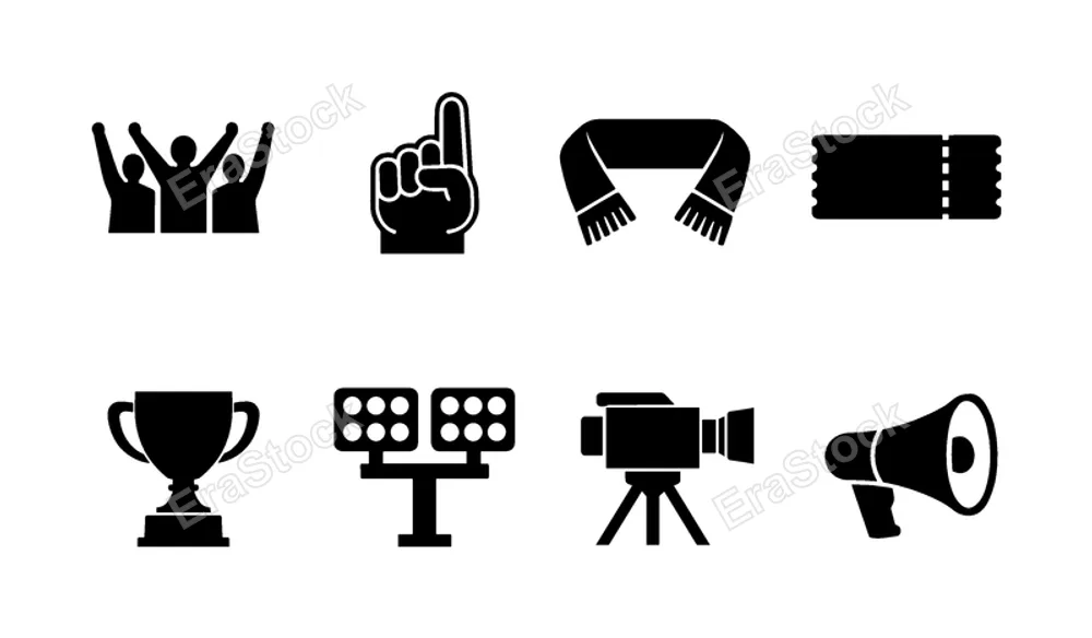 Football fan and event: cheering crowd, foam finger, team scarf, ticket, trophy cup, stadium lights, broadcast camera, megaphone.