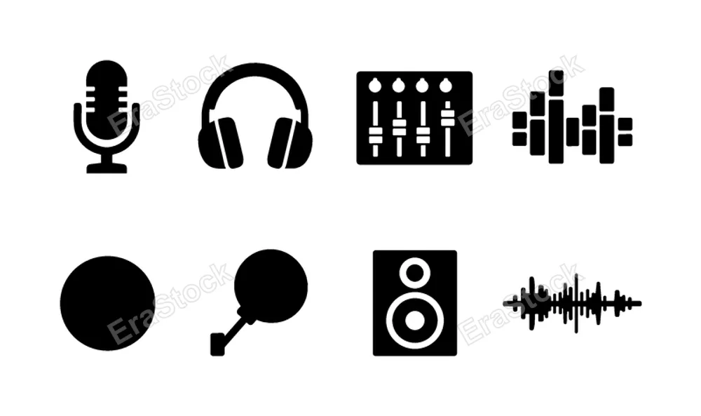 Podcast recording studio: podcast microphone, headphones headset, audio mixer console, sound wave bars, recording button circle, pop filter screen, studio monitor speaker, audio