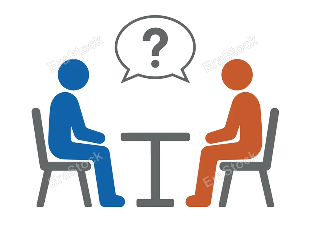 A simple graphic illustration depicting two individuals in a conversation, symbolized by a question mark, suggesting uncertainty or inquiry