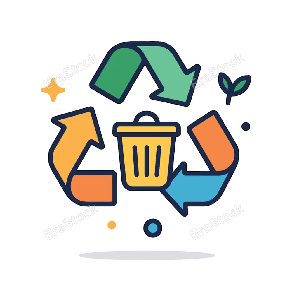Recycling process focused on environmental sustainability and responsible waste management in daily life, three arrows forming a circular loop around a simple bin
