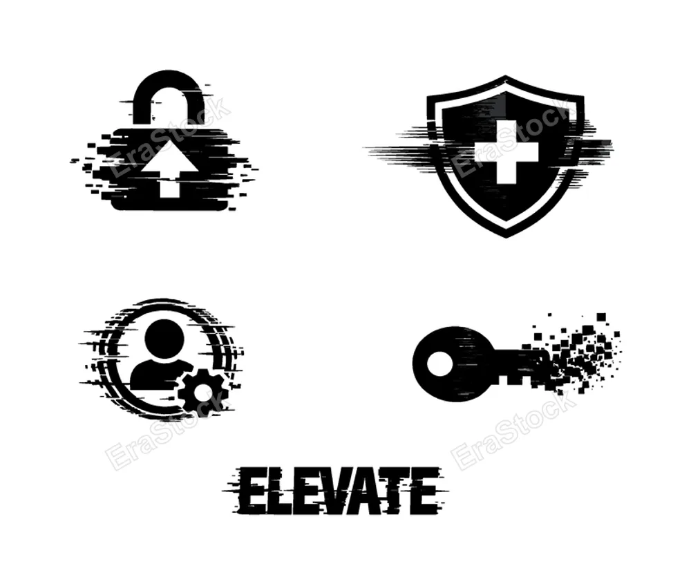 Digital permission escalation and privilege control theme, a set of 4 glitch-distorted monochrome objects placed on a perfectly clean white background, each object