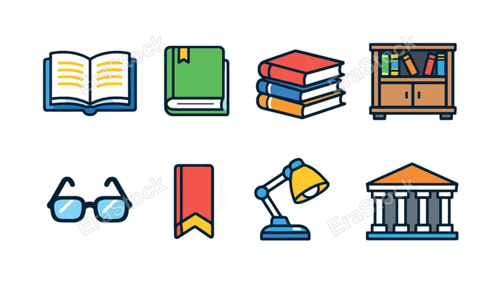 Book reading library: open book, closed hardcover book, stack of books, bookshelf cabinet, reading glasses, bookmark ribbon, table reading lamp, library building