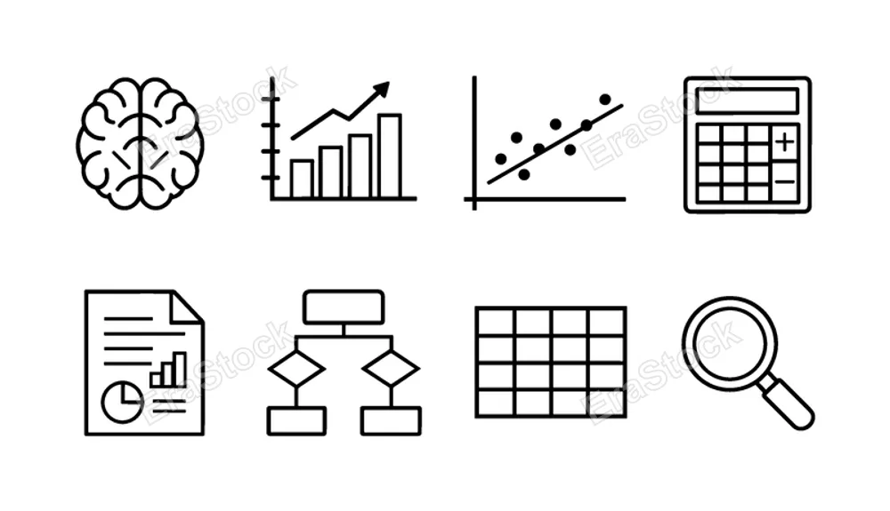 Analytical thinking tools: brain, data chart, graph with dots, calculator, document report, flowchart diagram, grid table, search icon.
