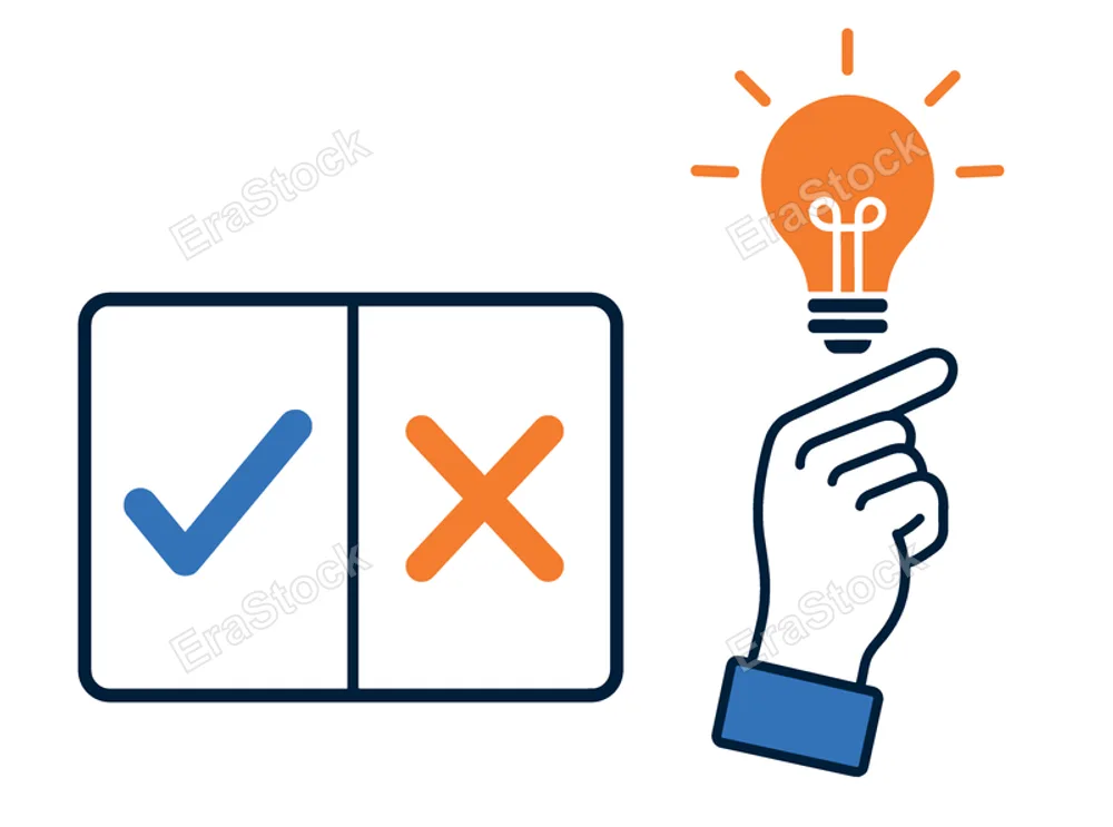 A hand with a blue cuff holds an illuminated lightbulb above a divided box showing a blue checkmark and an orange cross