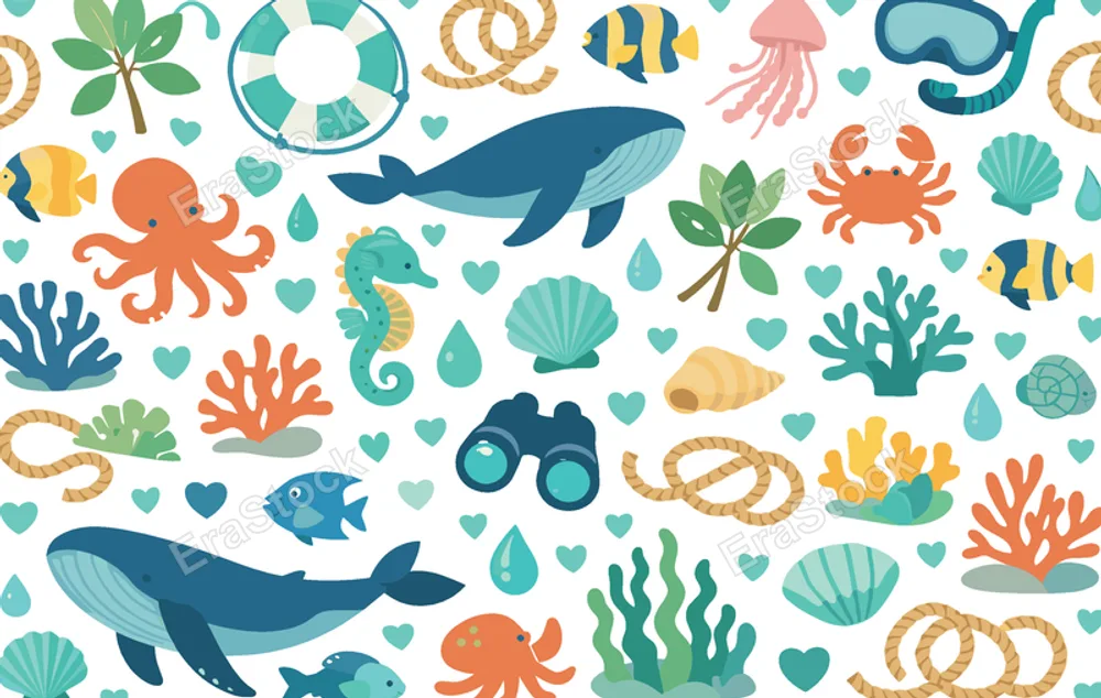 Marine wildlife protection seamless pattern focused on healthy ocean habitat with whale, jellyfish, octopus, crab, seahorse, reef fish, seaweed, coral, shell, water droplet,