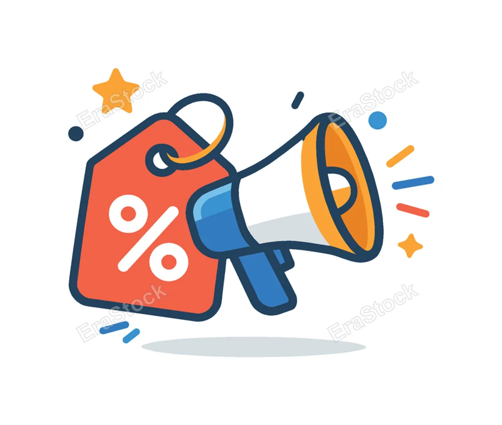 Sales promotion focused on boosting product visibility and increasing customer engagement in a retail or business context, a price tag combined with a megaphone and small