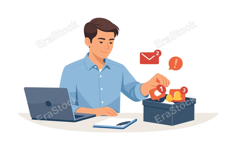 A professional improving concentration in a modern workplace environment, visual metaphor of a calm office worker gently placing distracting floating notification icons into a