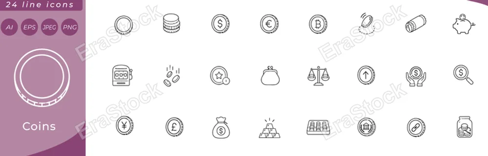 Coins: single coin face, coin stack, coin with dollar sign, coin with euro sign, coin with bitcoin symbol, coin flip in air, coin roll wrapper, piggy bank, coin slot machine, falling coins rain, coin