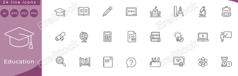 Education: graduation cap, open book, pencil, chalkboard with formula, school building, ruler and compass, microscope, backpack, diploma scroll, globe on stand, calculator, test paper with grade