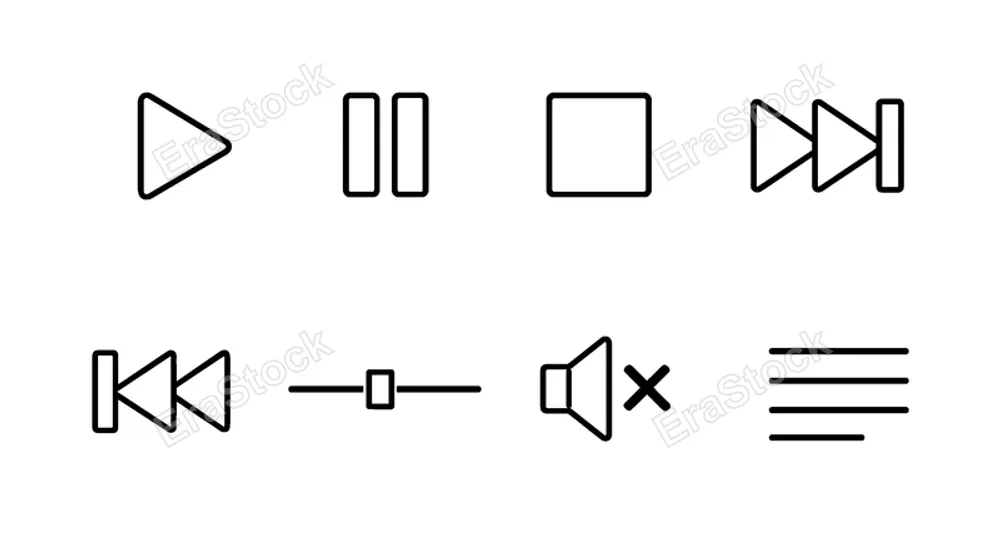 Music playback controls: play button, pause button, stop button, forward skip, rewind skip, volume slider, mute icon, playlist list.