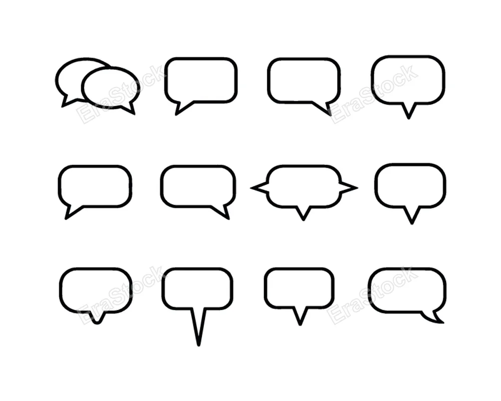 Geometric dialogue bubbles set: double speech bubble overlap, speech bubble with tail bottom left, speech bubble with tail bottom right, speech bubble with tail center bottom