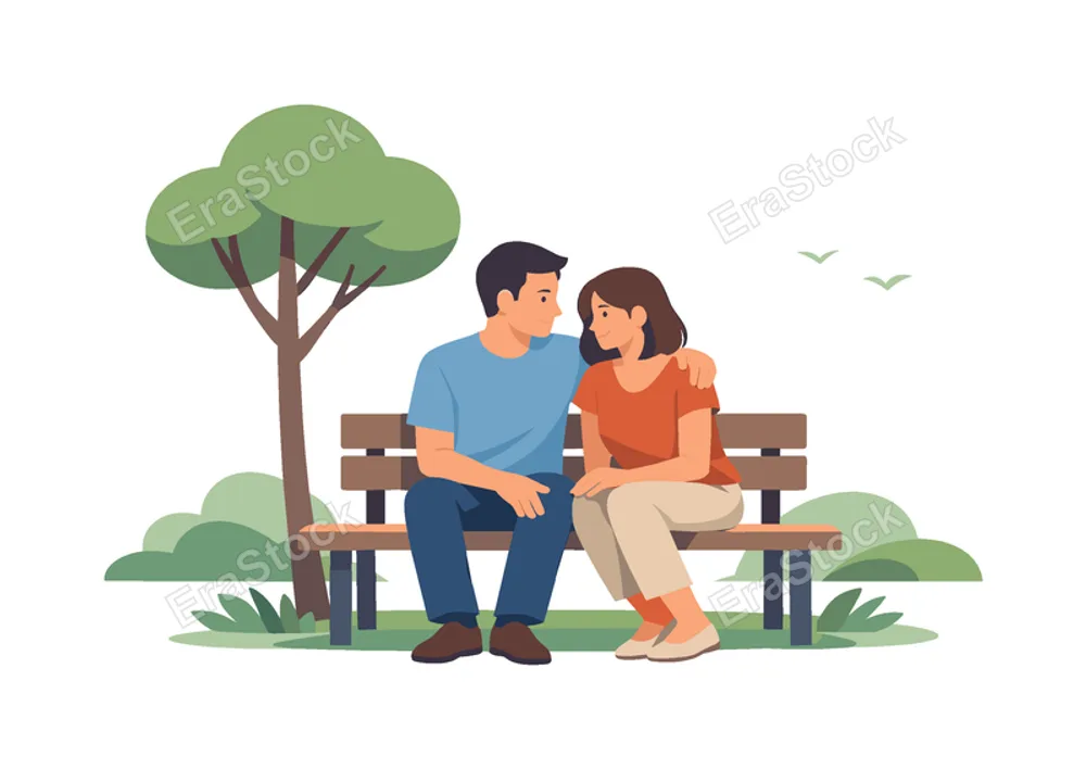 A couple enjoying a quiet romantic moment together in a peaceful park setting, represented by two people sitting on a simple bench beneath a minimal tree, symbolizing