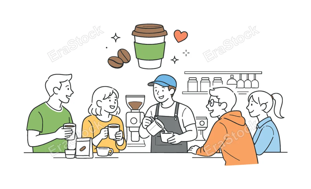 A modern cafe workplace scene where a barista prepares specialty coffee while chatting with customers at a small neighborhood coffee shop, illustrated through a visual metaphor of
