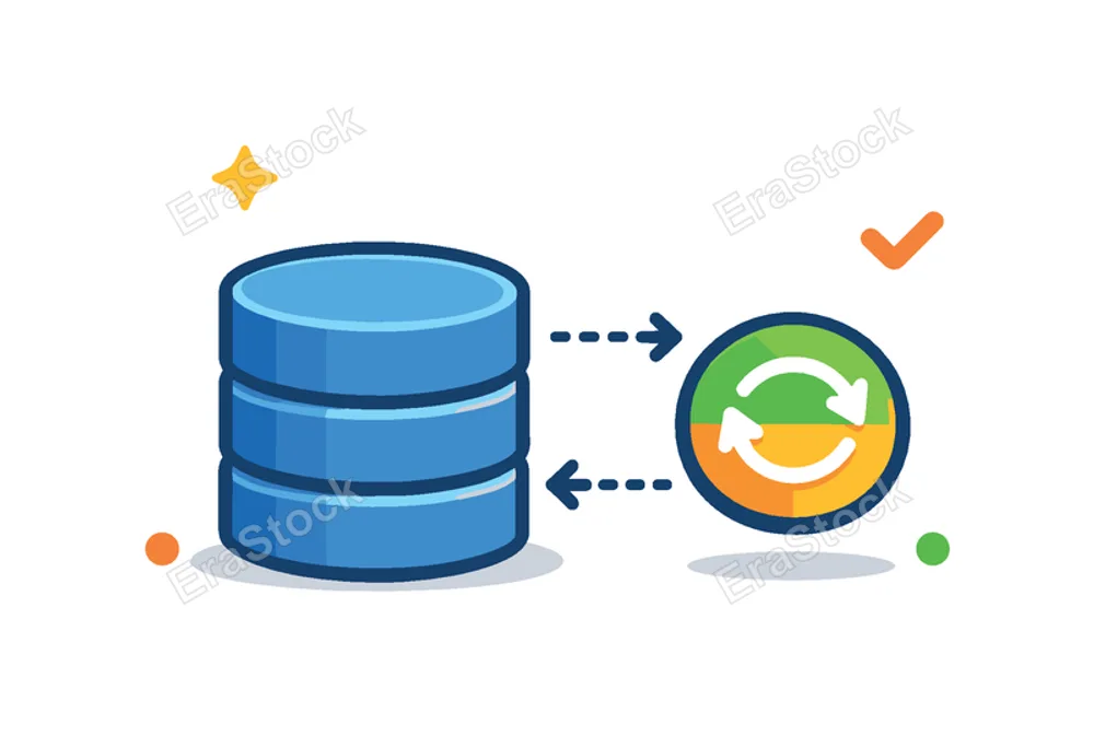 Digital data synchronization scenario centered on maintaining consistency and updating information across systems in remote workflows, a database icon connected to a