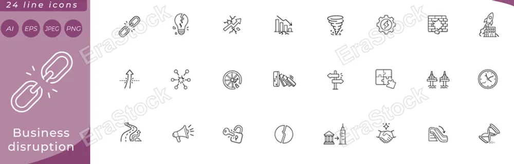 Business disruption: broken chain link, shattered lightbulb, zigzag arrow breaking through wall, falling bar chart with crack, tornado funnel, gear with lightning bolt badge, brick wall with hole