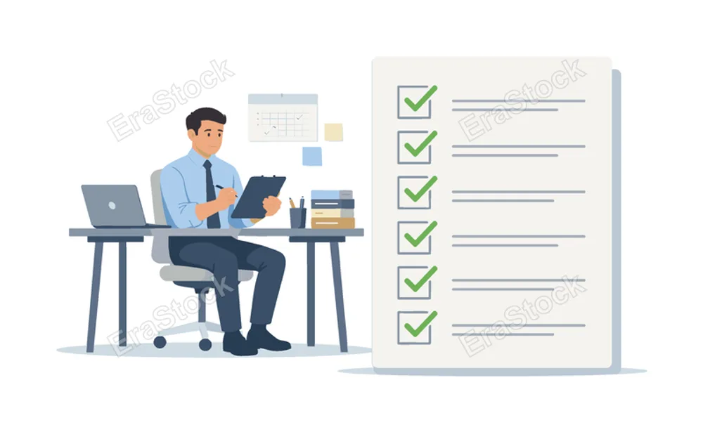 Task management at desk scene where a worker organizes responsibilities and handles multiple assignments efficiently, highlighting planning, discipline, and workflow