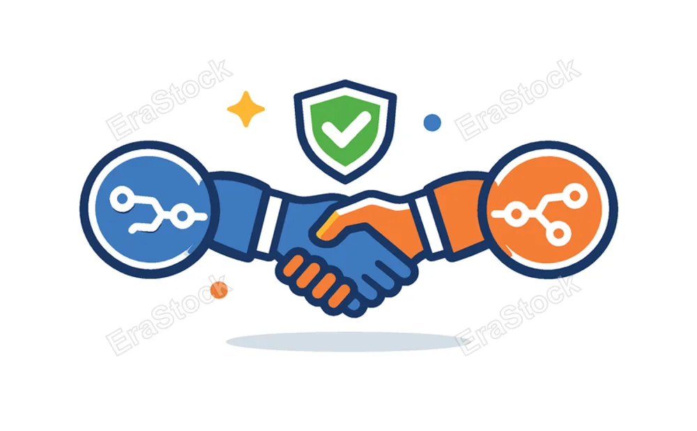 Digital trust handshake and mutual verification between systems focused on establishing secure connections before data exchange in modern platforms, two connected nodes