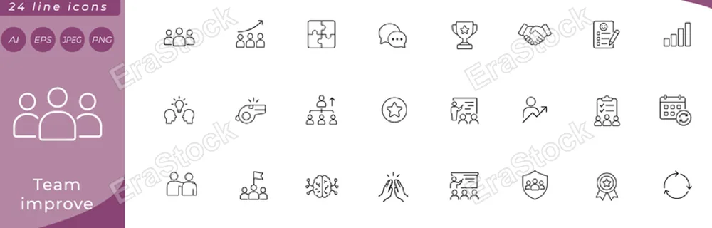 Team improve: group of people silhouettes, upward arrow over team, puzzle pieces connecting, speech bubbles overlapping, trophy with star badge, handshake, feedback form with pencil, skill level bar